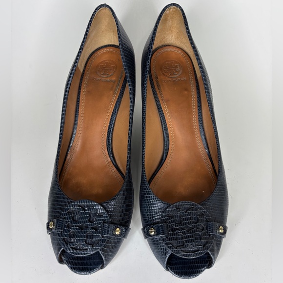 Tory Burch Shoes Wedge Heels Women Size 10M Blue Leather Logo Open Toe - Picture 13 of 16